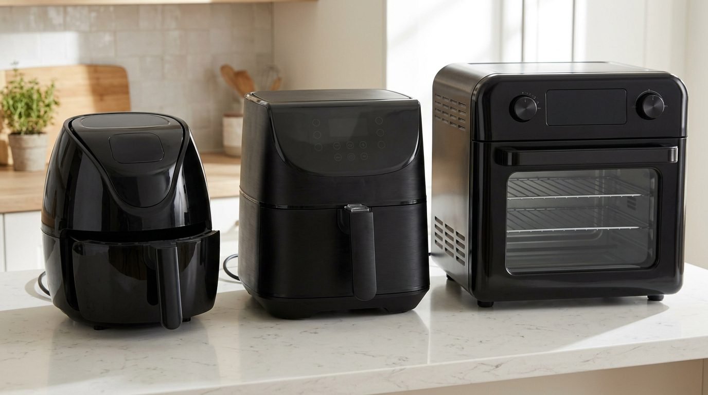 Três air fryers de tamanhos diferentes lado a lado na bancada