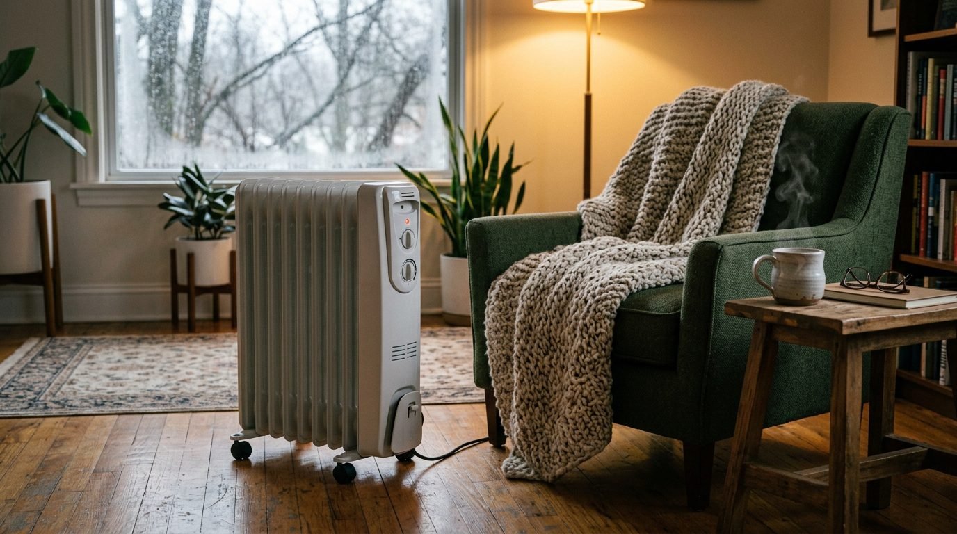 Aquecedor elétrico a óleo ligado em sala aconchegante no inverno