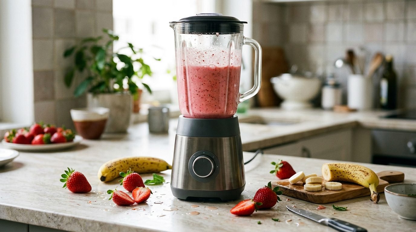 Liquidificador batendo vitamina de morango e banana