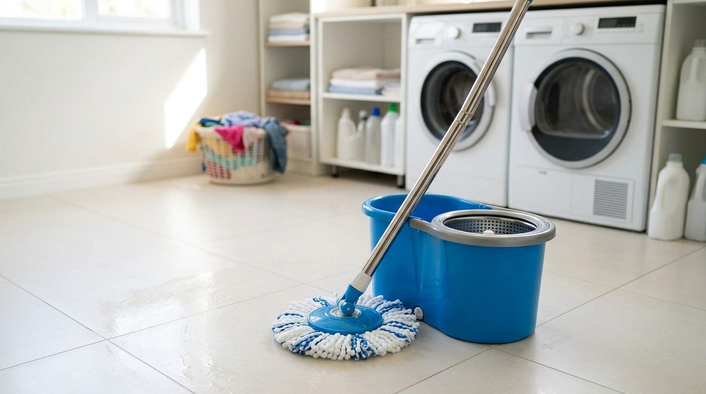 Mop giratório com balde e centrífuga em piso de cerâmica