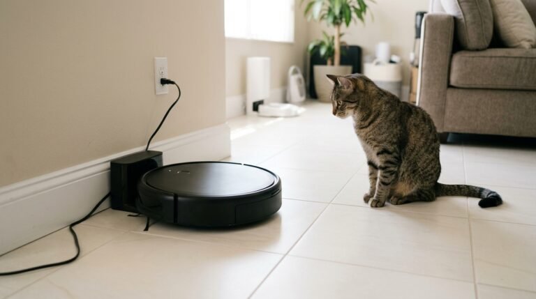 Robô aspirador na base de carregamento com gato observando