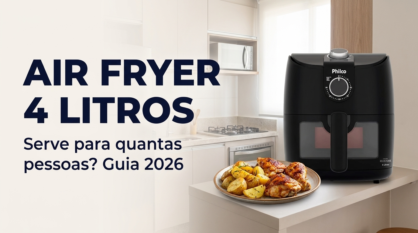 Air fryer 4 litros serve para quantas pessoas: Philco PAF40A na bancada com refeição para duas pessoas