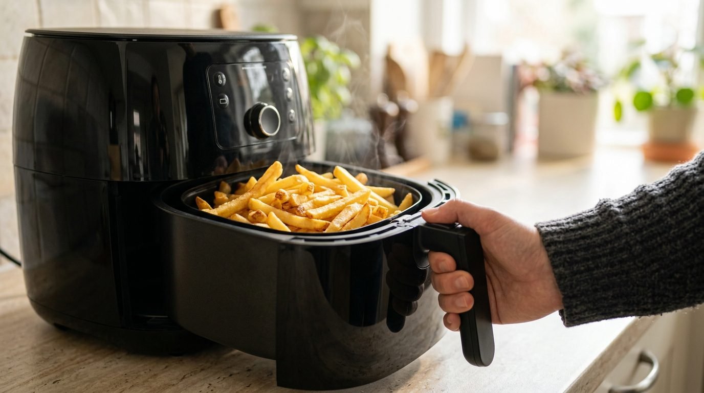 Cesto de air fryer com batatas fritas douradas