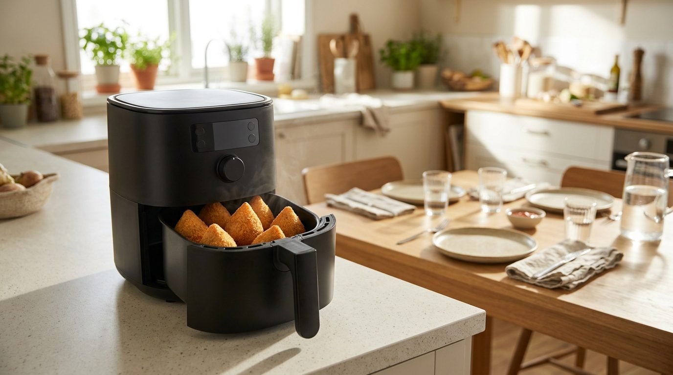 Air fryer compacta ao lado de mesa posta para duas pessoas