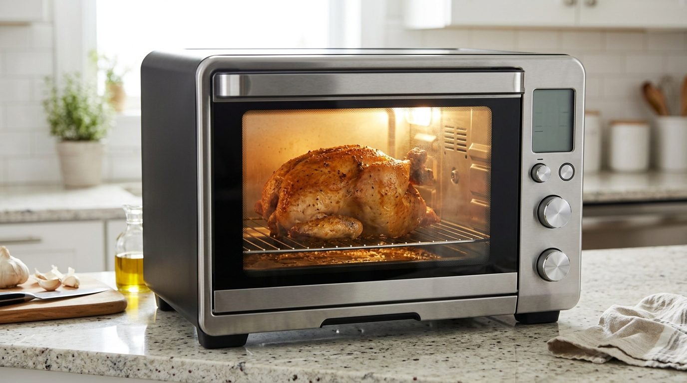 Air fryer do tipo forno assando um frango inteiro