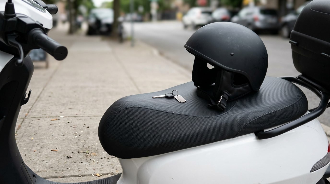 Capacete e chave sobre o banco de uma scooter elétrica