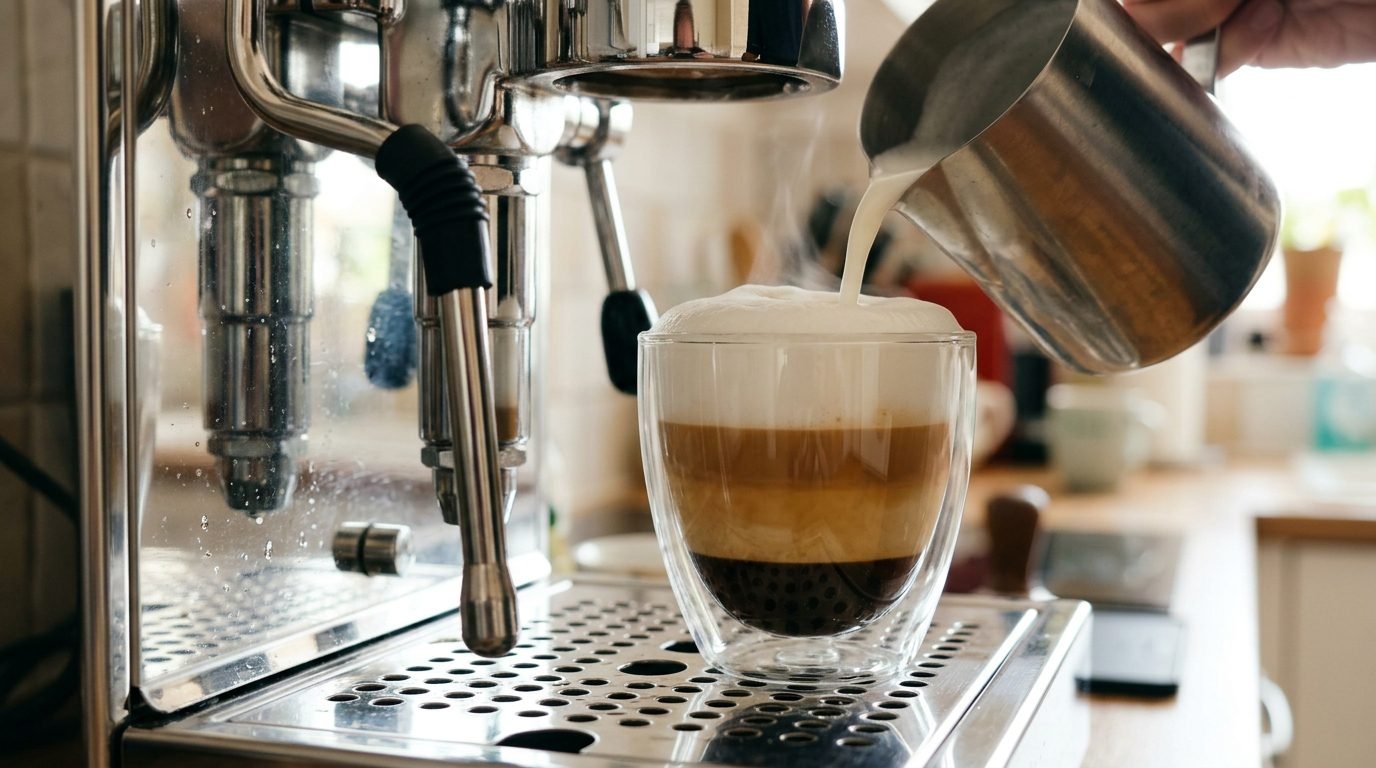 Cappuccino em camadas servido por máquina de espresso doméstica