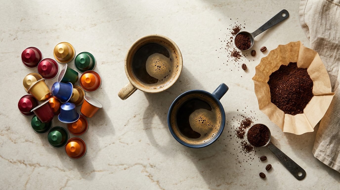 Cápsulas de café ao lado de filtro de papel com pó de café