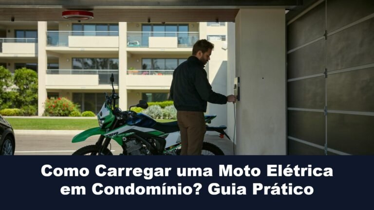 Morador carregando moto elétrica na garagem do condomínio usando ponto de recarga seguro
