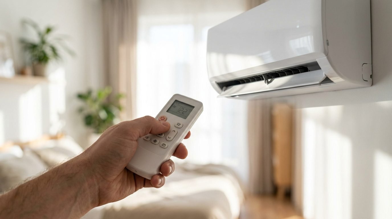 Mão apontando o controle remoto para um ar-condicionado split