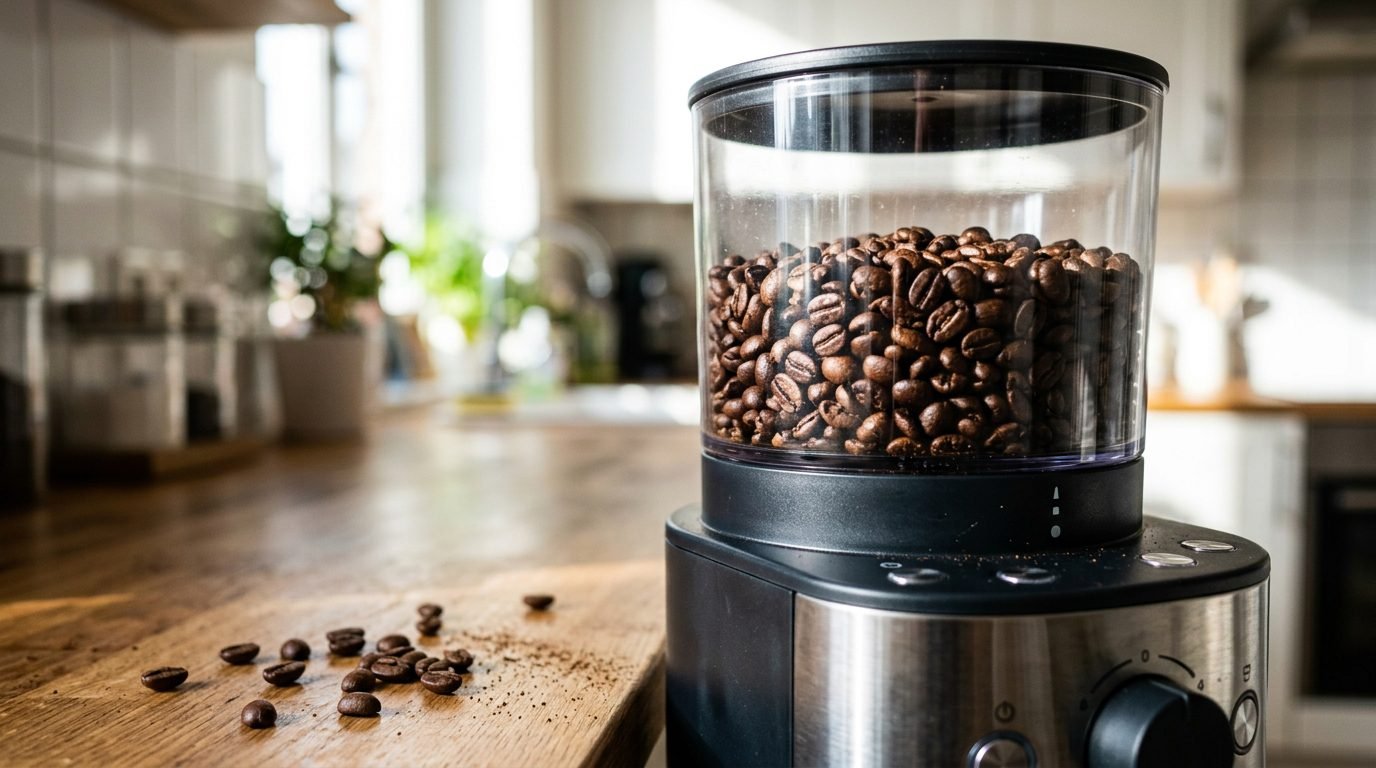 Grãos de café no moedor integrado de uma cafeteira elétrica