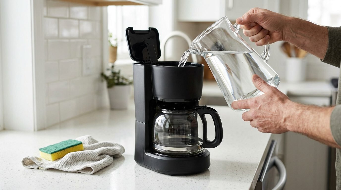 Pessoa enchendo o reservatório da cafeteira elétrica para a limpeza