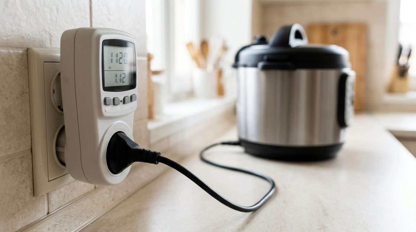 Medidor de consumo de energia na tomada com panela de pressão elétrica ao fundo