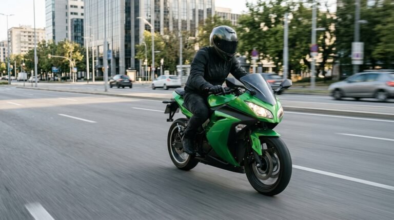 Motociclista pilotando uma moto elétrica em avenida urbana