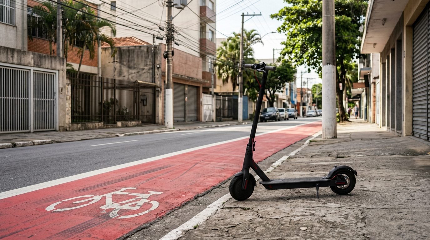 Patinete elétrico estacionado ao lado de uma ciclovia