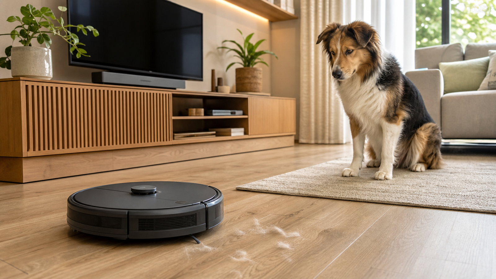 Robô aspirador trabalhando em sala de TV com cachorro próximo