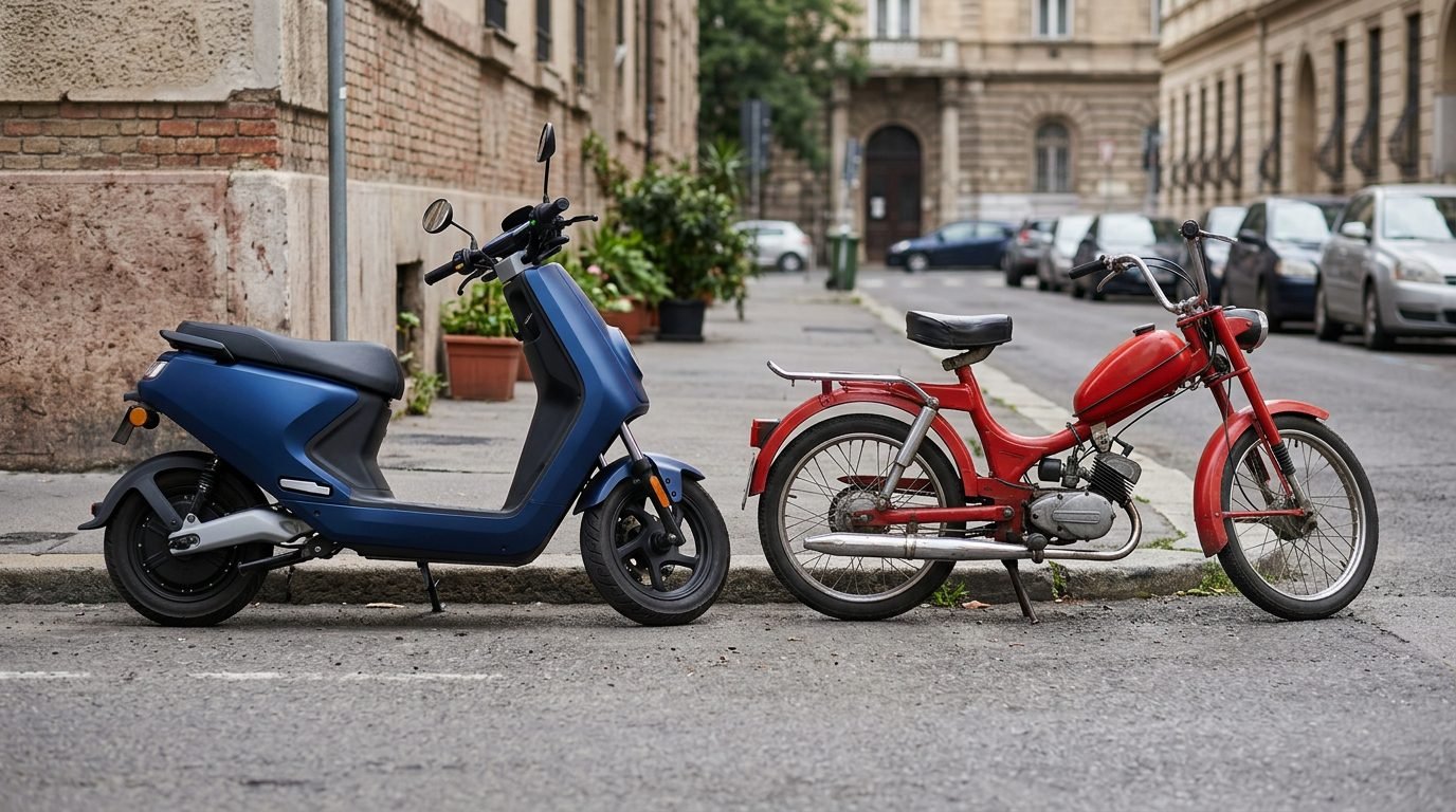 Scooter elétrica e ciclomotor a gasolina estacionados lado a lado