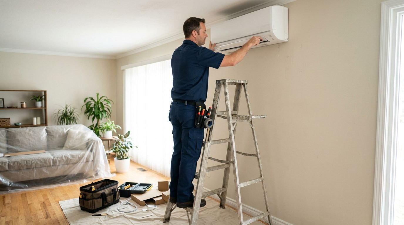 Técnico instalando a unidade interna de um ar-condicionado split