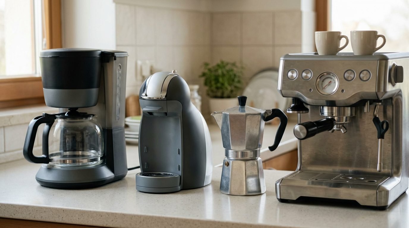 Quatro tipos de cafeteira lado a lado: filtro, cápsulas, italiana e espresso