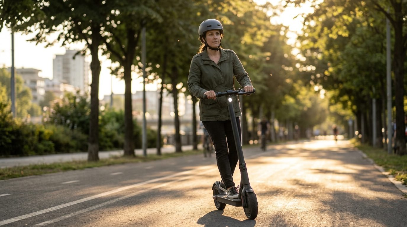 Adulto de capacete andando de patinete elétrico na ciclovia