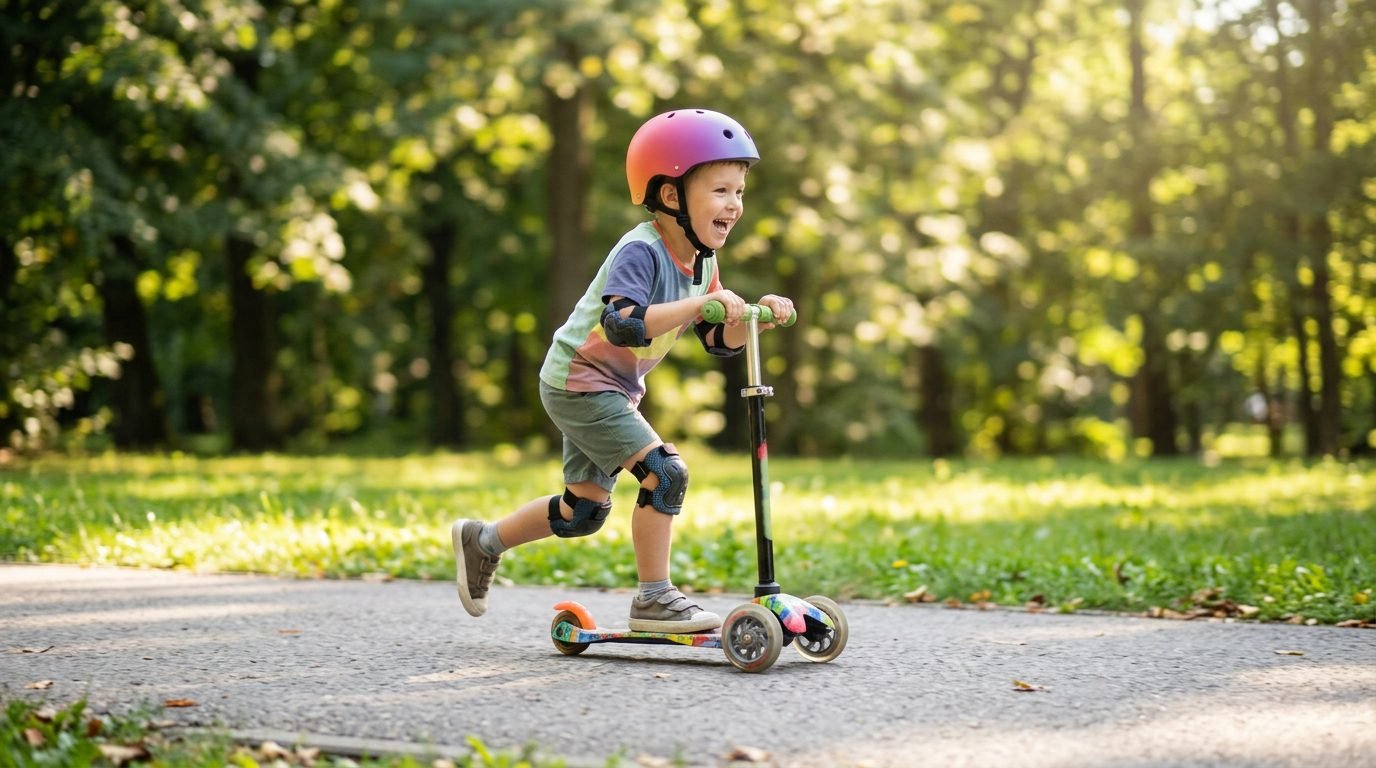 Criança de capacete andando de patinete infantil de três rodas no parque